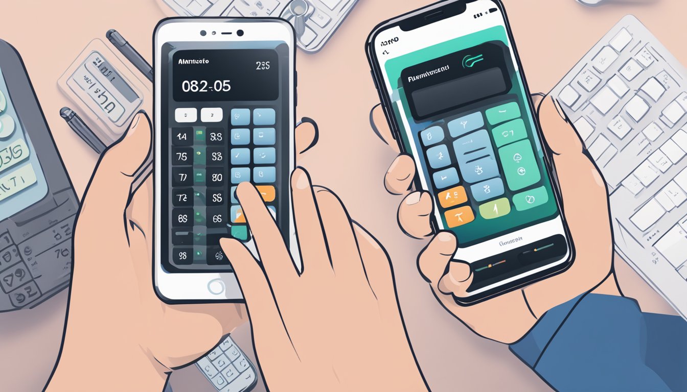 A hand holding a smartphone with the DBS Multiplier Calculator app open, showing various financial options and account management tools