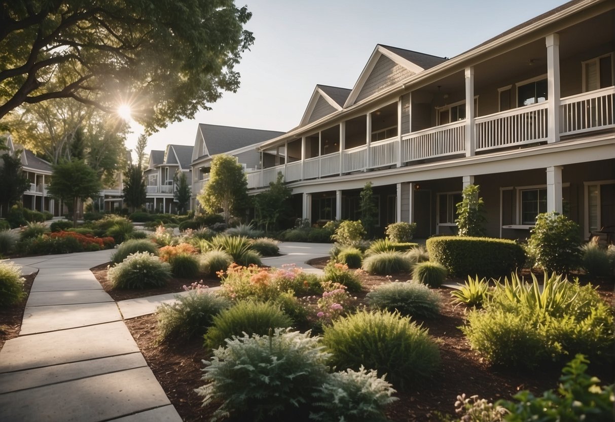 A serene senior living community with lush gardens and modern amenities, surrounded by peaceful natural surroundings