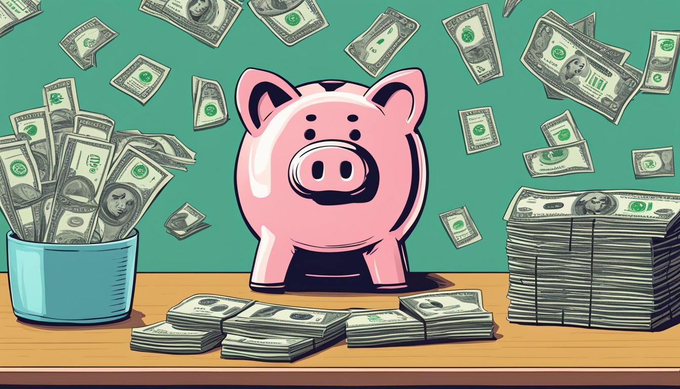 A piggy bank with a sad face sits on a table, surrounded by dollar bills and a calculator. A fee chart is displayed in the background