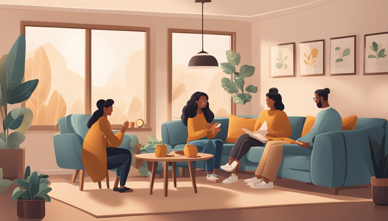 A cozy living room with a family gathered around a table discussing the benefits of the DBS Multiplier Home Loan. The room is filled with warm light and comfortable furniture, creating a welcoming atmosphere