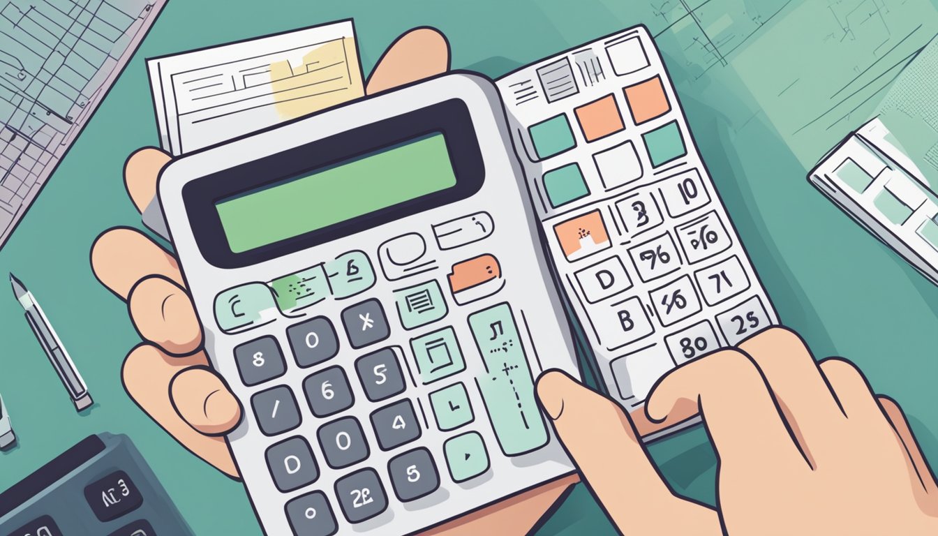 A hand holding a calculator with a financial chart in the background. The calculator displays "dbs multiplier interest rate singapore" in bold letters