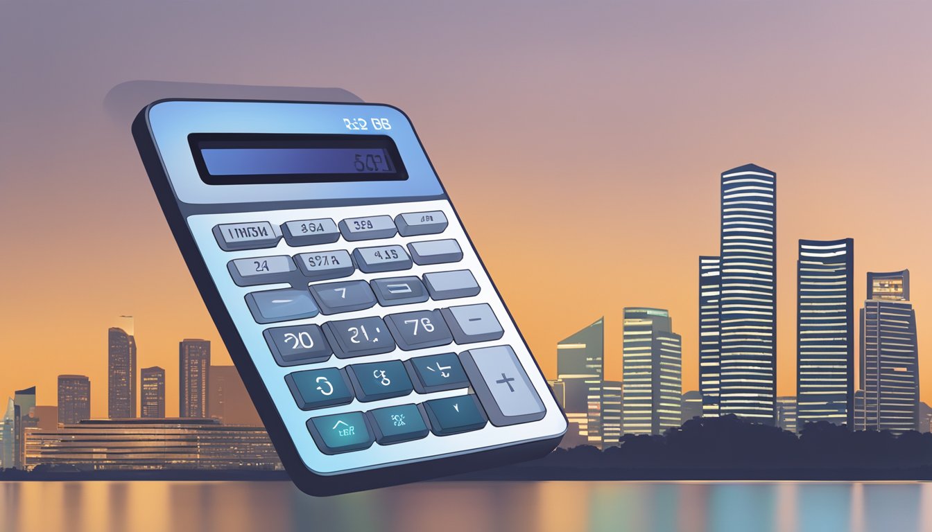 A calculator displaying the DBS Multiplier interest rates, with the Singapore skyline in the background