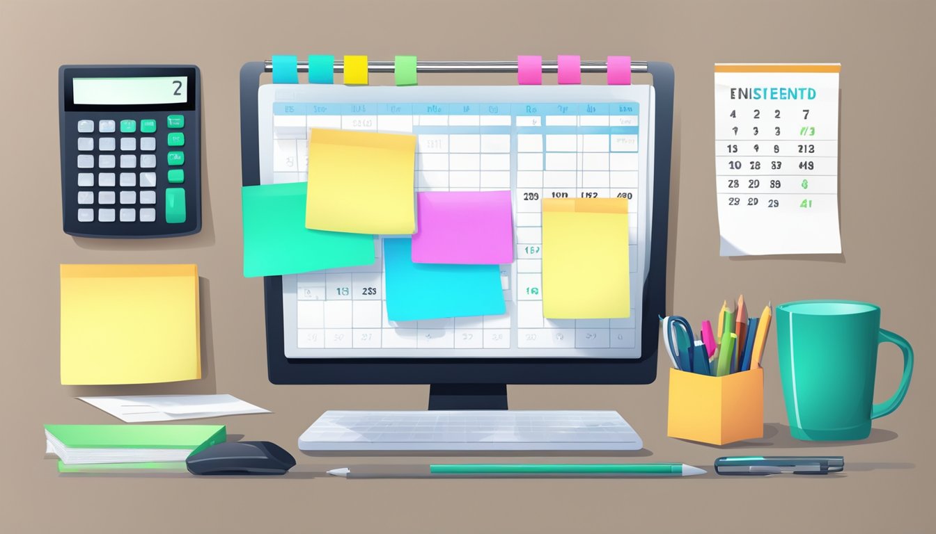 A desk with a computer, calculator, and files. A phone with blinking messages. A calendar with marked deadlines. Post-it notes with reminders