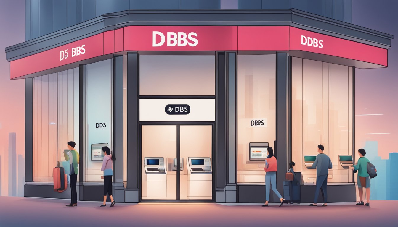 A modern bank branch in Singapore with a digital display showing "dbs multiplier joint account" above a sleek counter