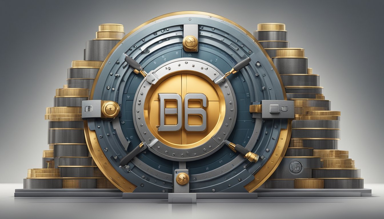 A secure bank vault with the DBS Multiplier logo, surrounded by a shield symbolizing trust