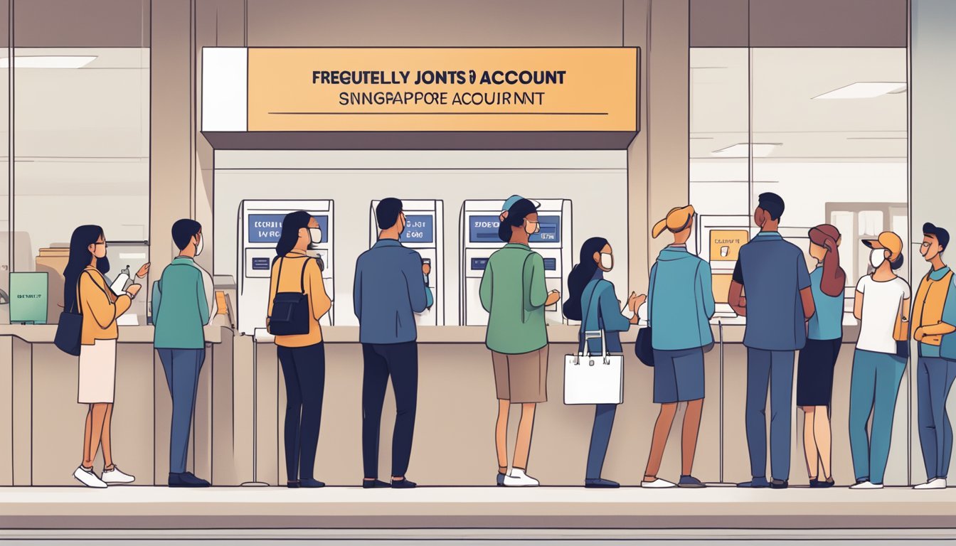 A group of people standing in line at a bank, with a sign above that reads "Frequently Asked Questions dbs multiplier joint account singapore."
