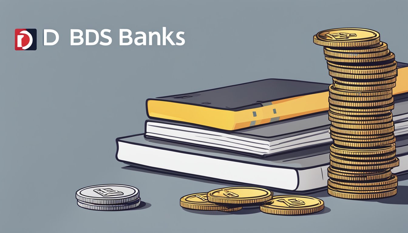 A stack of coins and a DBS bank logo with "Frequently Asked Questions" text displayed on a screen