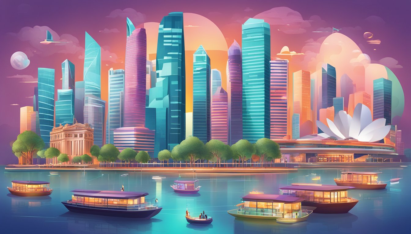 A vibrant cityscape with iconic landmarks and financial symbols, showcasing the various benefits and features of DBS multiplier rates in Singapore