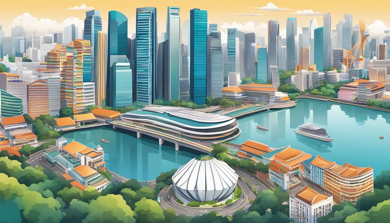 A vibrant cityscape with iconic landmarks and modern skyscrapers, showcasing the dynamic and diverse culture of Singapore