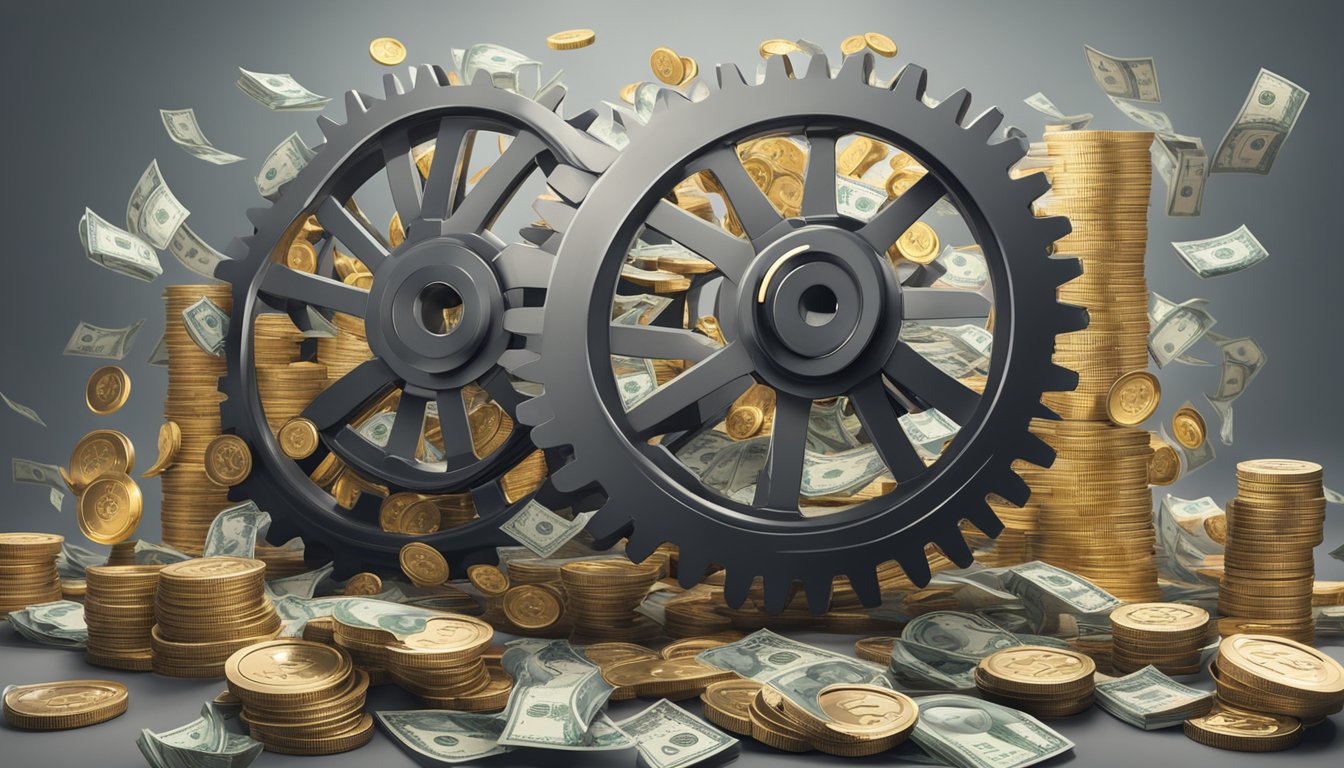 A pile of money grows larger as it passes through a series of multiplying gears, symbolizing the concept of maximizing returns with DBS Multiplier terms in Singapore