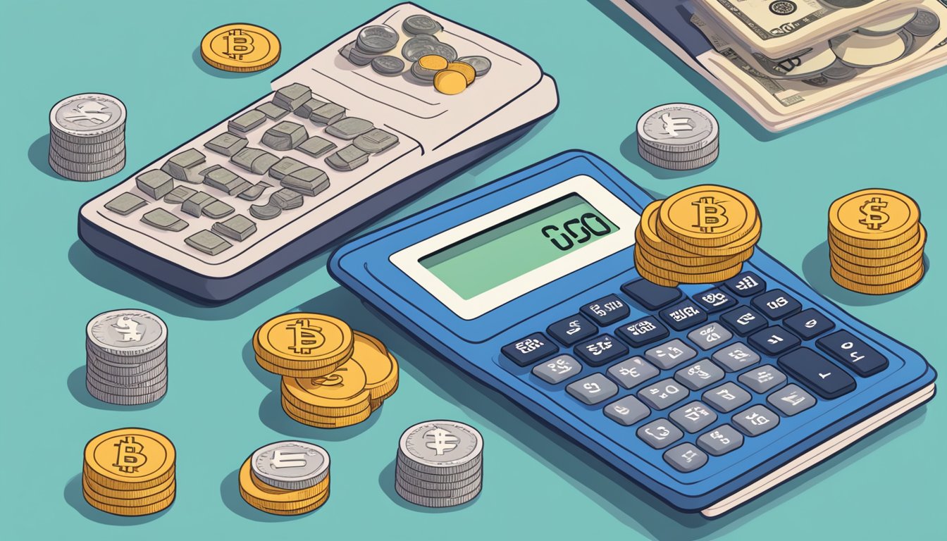A stack of Singaporean currency next to a calculator with the words "DBS Multiplier Terms" displayed on the screen