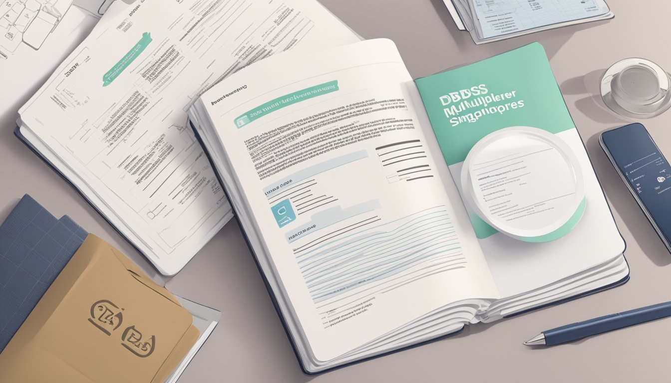 A stack of FAQ documents with the words "DBS Multiplier Terms Singapore" prominently displayed on the cover