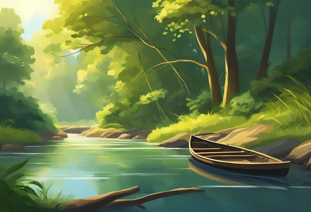 A tranquil riverbank with a wooden fishing spot, surrounded by lush greenery and gently flowing water. The sun shines down, casting a warm glow on the scene