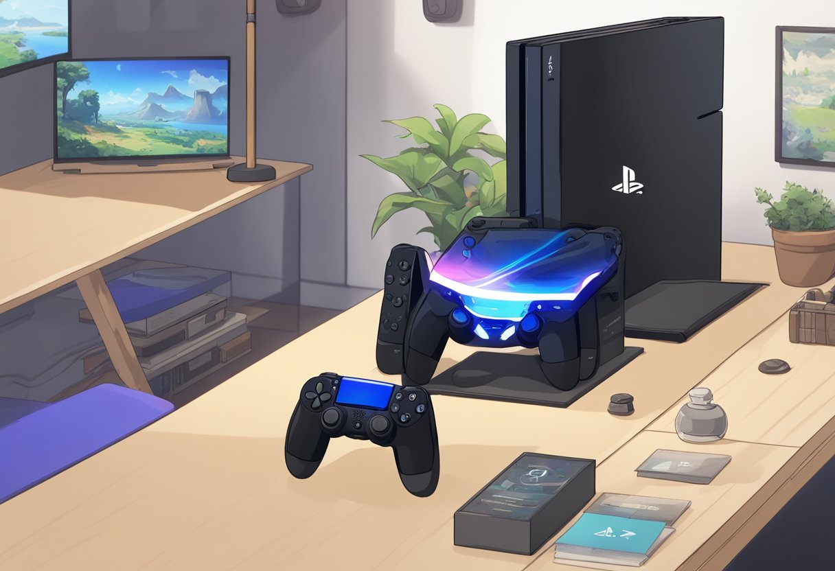 A PS4 console sits on a table, with a controller nearby. The screen displays a tutorial on how to link a PS4 account to the game Genshin Impact