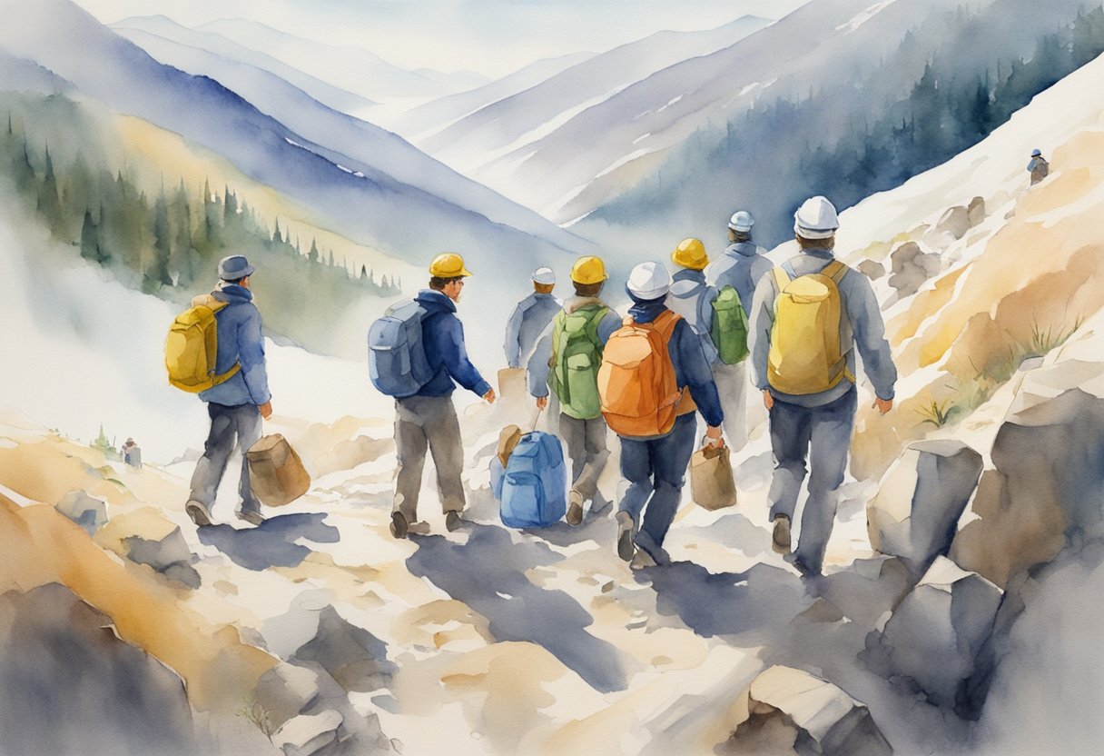 A group of people following a leader up a mountain, while a manager stands at the base, organizing and coordinating the team's supplies and logistics