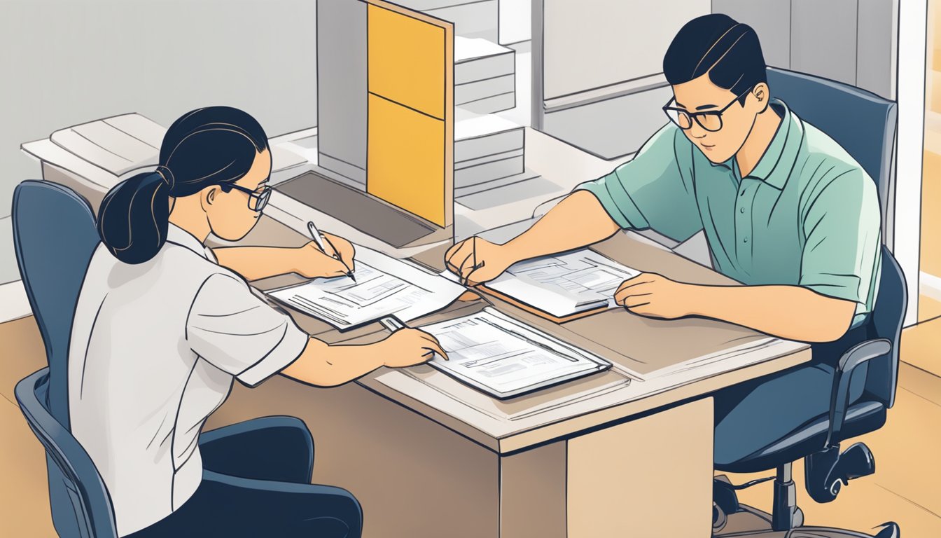 Two people signing documents at a desk labeled "DBS Open Joint Account Singapore."