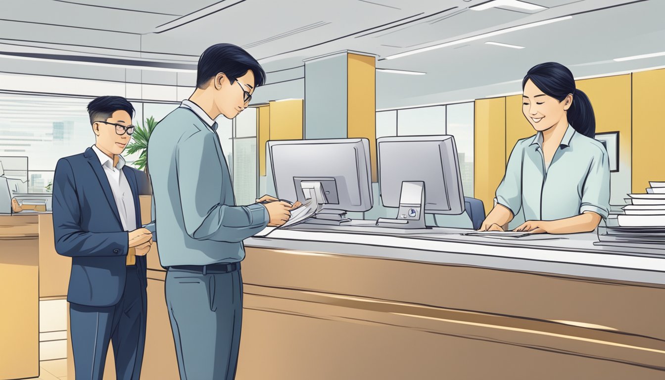 Two people submitting documents at a bank counter for a joint account in Singapore