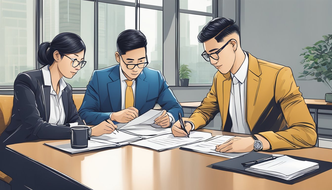 Two individuals sitting at a table, signing documents together. A bank representative assists them in opening a joint account at DBS in Singapore