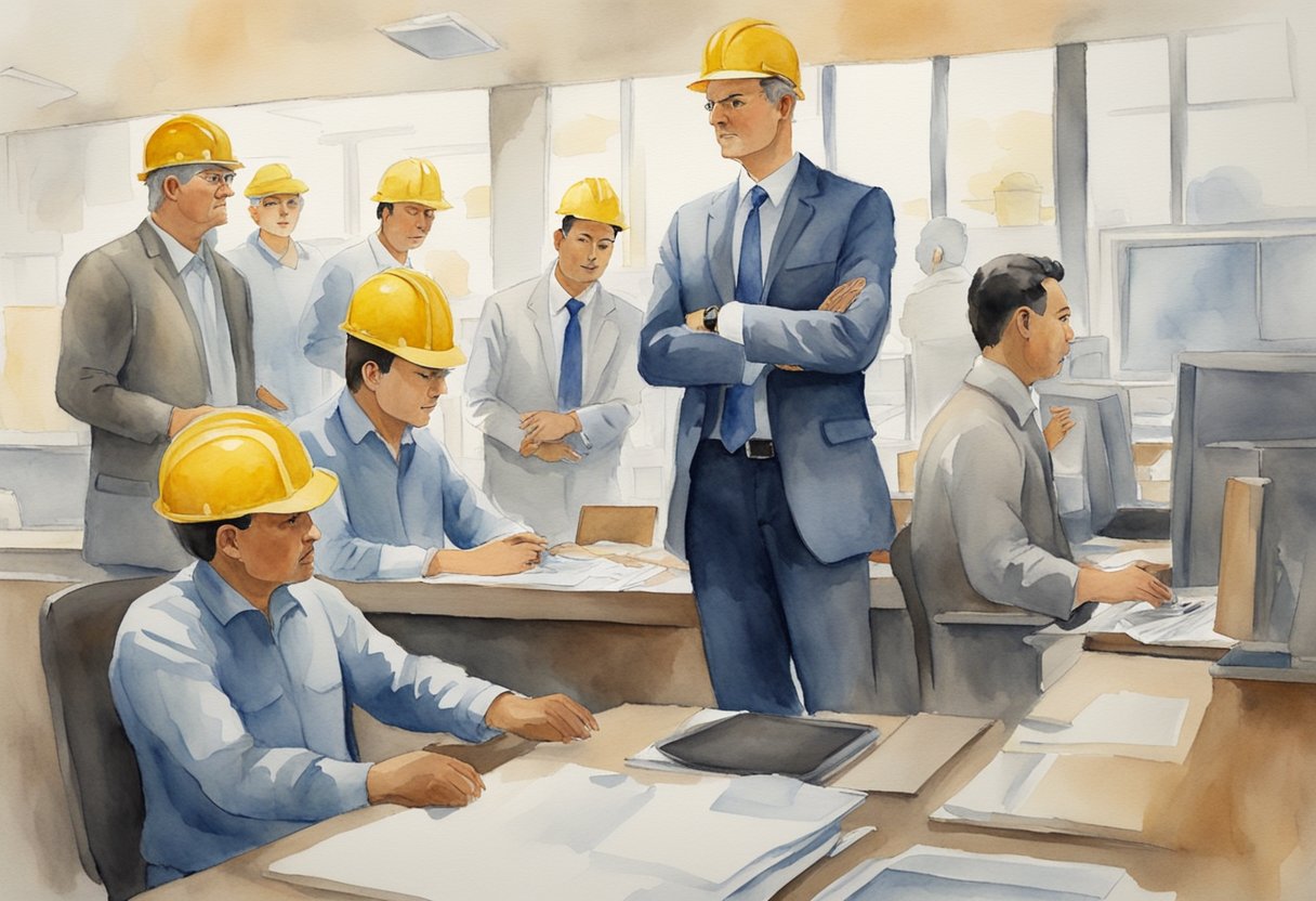 A group of workers eagerly following a leader's vision, while a manager oversees tasks with a watchful eye