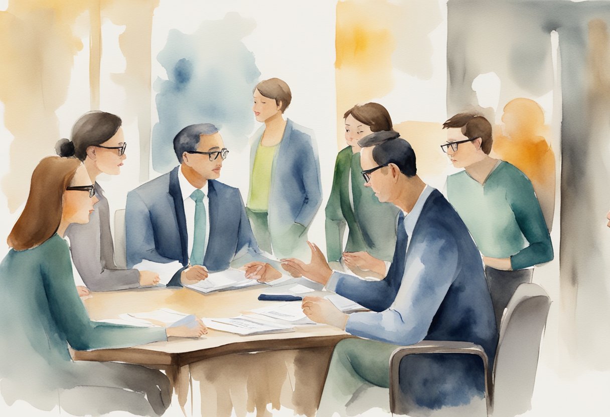 A group of people discussing ideas, while a leader directs the conversation and a manager takes notes. The leader is assertive, while the manager is organized and attentive