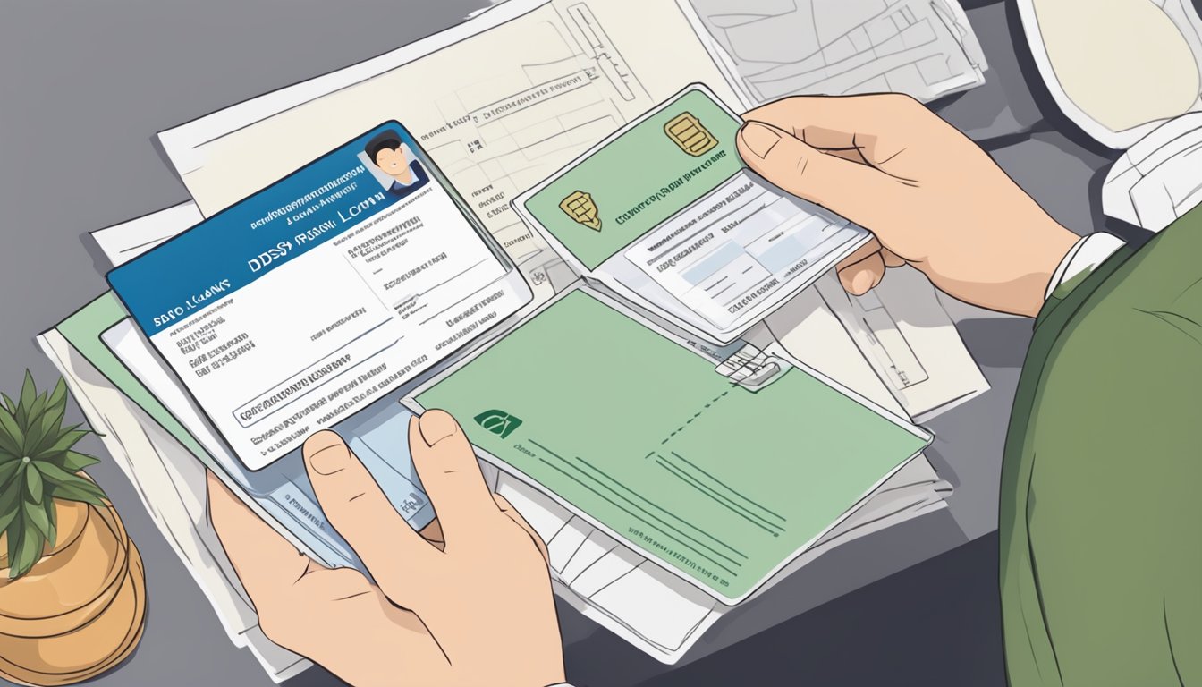 A person holding a Singaporean identification card and a document showing eligibility and requirements for partial repayment of DBS loans