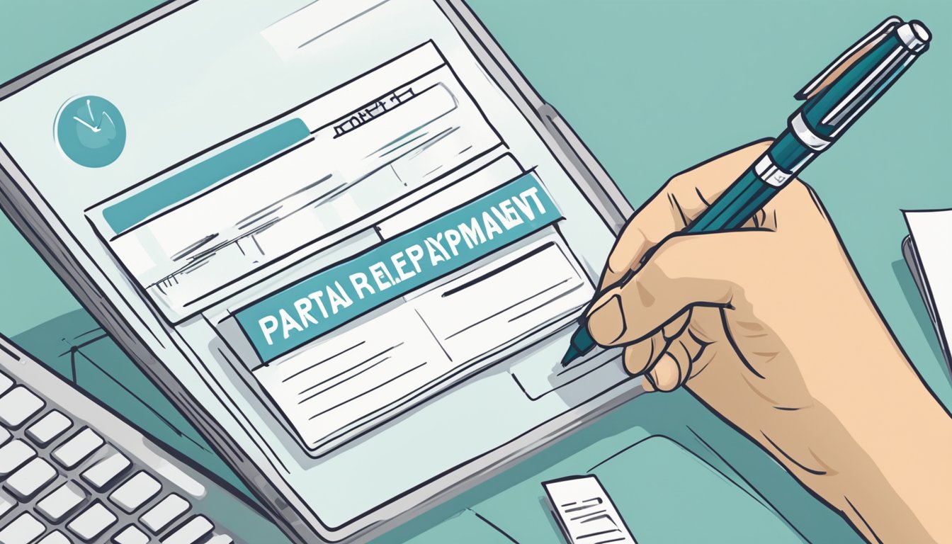 A hand holding a pen fills out a form with "Partial Repayment" written on it, while a computer screen displays "How to Submit a Partial Repayment" on the DBS website