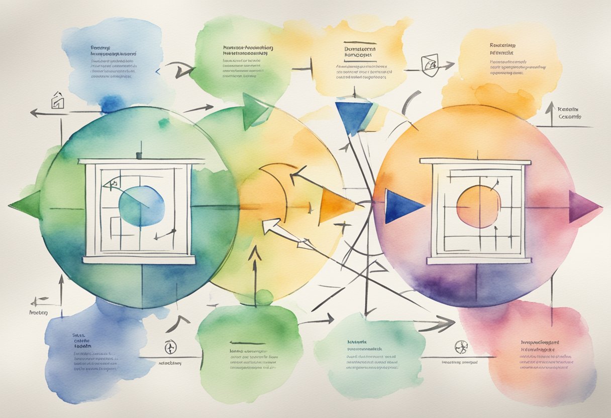 Leadership and management charts side by side, with arrows pointing in different directions. Budgeting plans in progress, with one side showing flexibility and innovation, while the other side displays structure and control