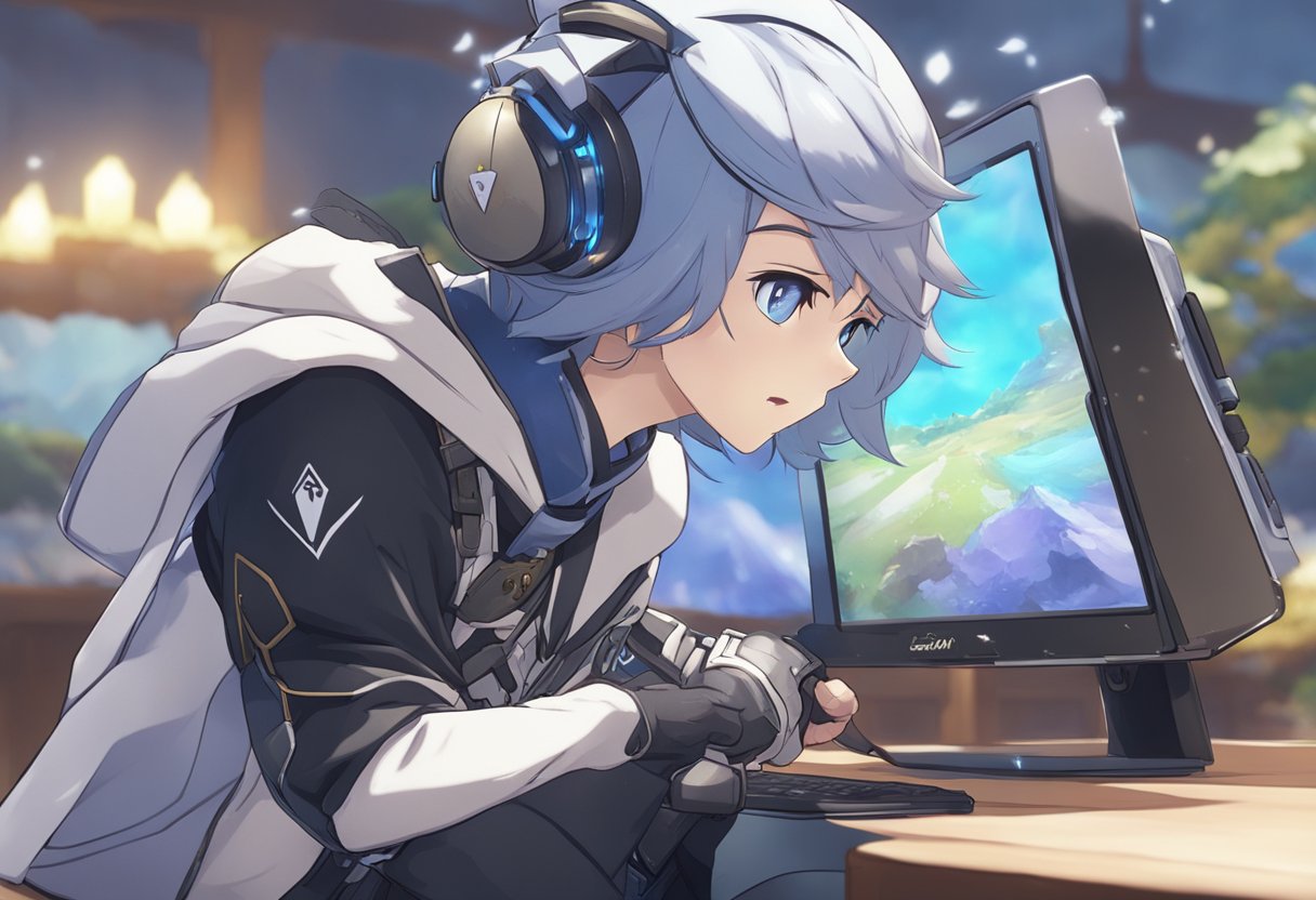 An electronic device freezes while playing Genshin Impact, showing laggy gameplay and frustrated expression