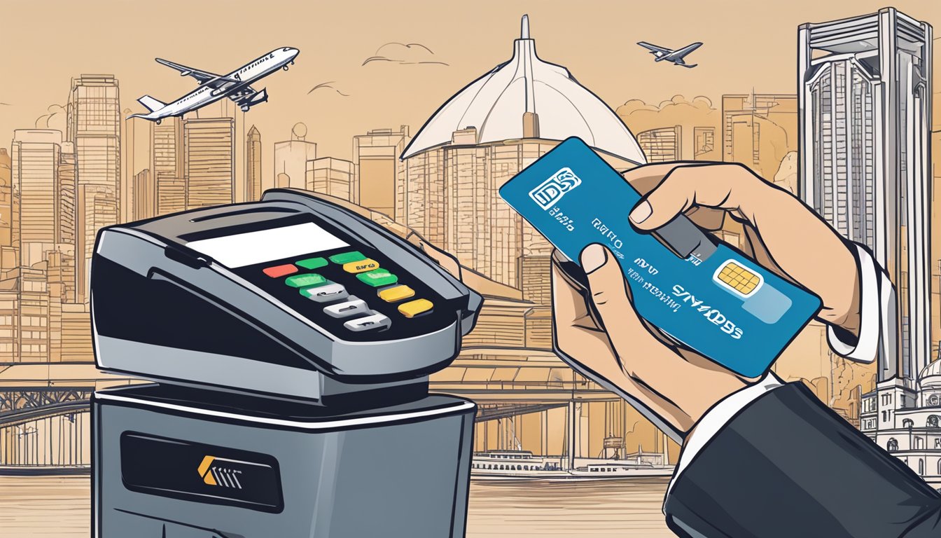 A hand swipes a credit card on a payment terminal with the DBS logo, against a backdrop of iconic Singapore landmarks