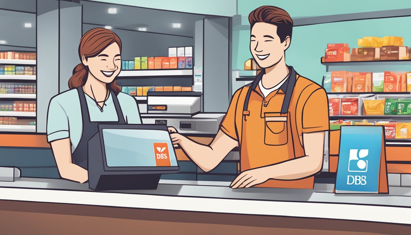 A customer swipes a DBS card at a checkout counter, with a smile from the cashier. The DBS logo is prominently displayed