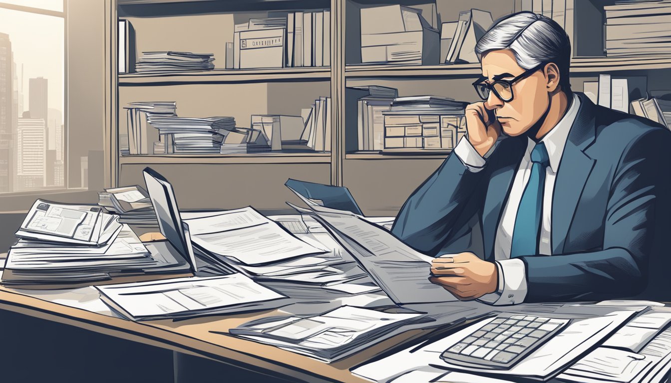 A person sitting at a desk, surrounded by paperwork and a calculator. They are deep in thought, with a look of concentration on their face as they calculate the costs of a payment plan