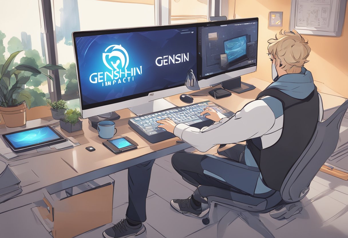 The computer screen shows the Genshin Impact logo, but the game fails to launch. A frustrated user sits at the desk, searching for solutions online
