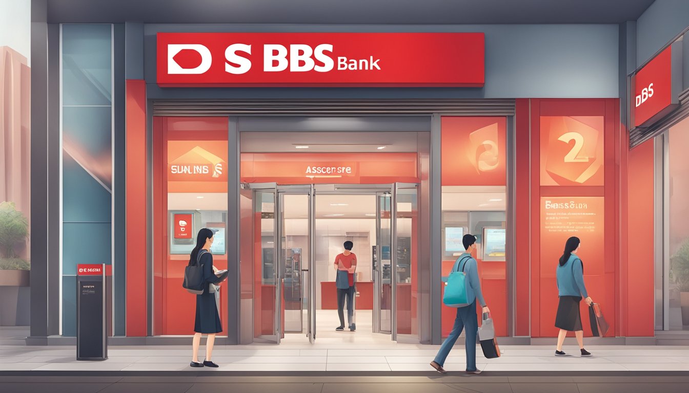 A person in Singapore enters a DBS bank branch, where a promotional code for personal loans is displayed prominently