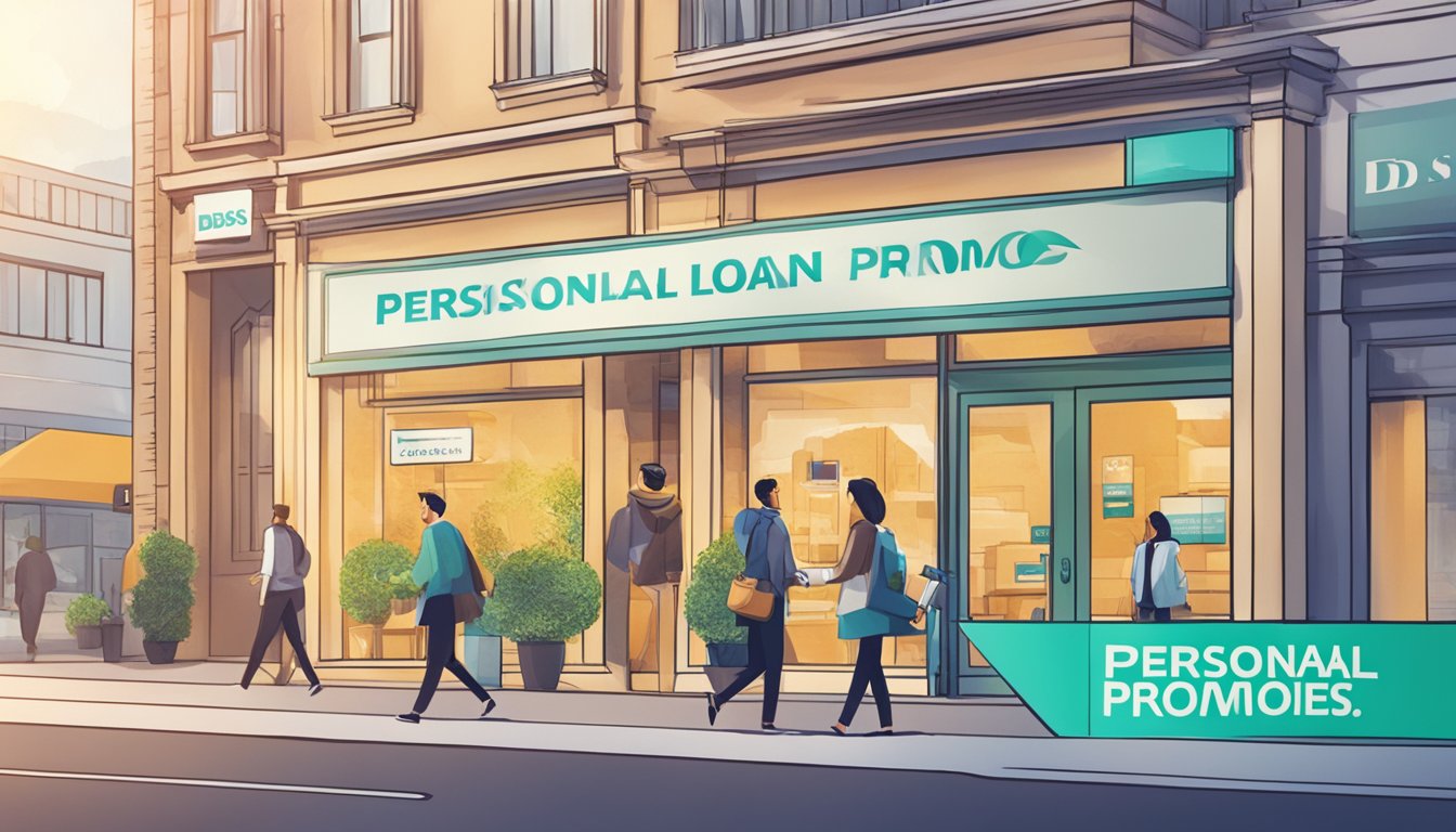 A person holding a banner with "DBS Personal Loan Promos" in a bright, modern setting