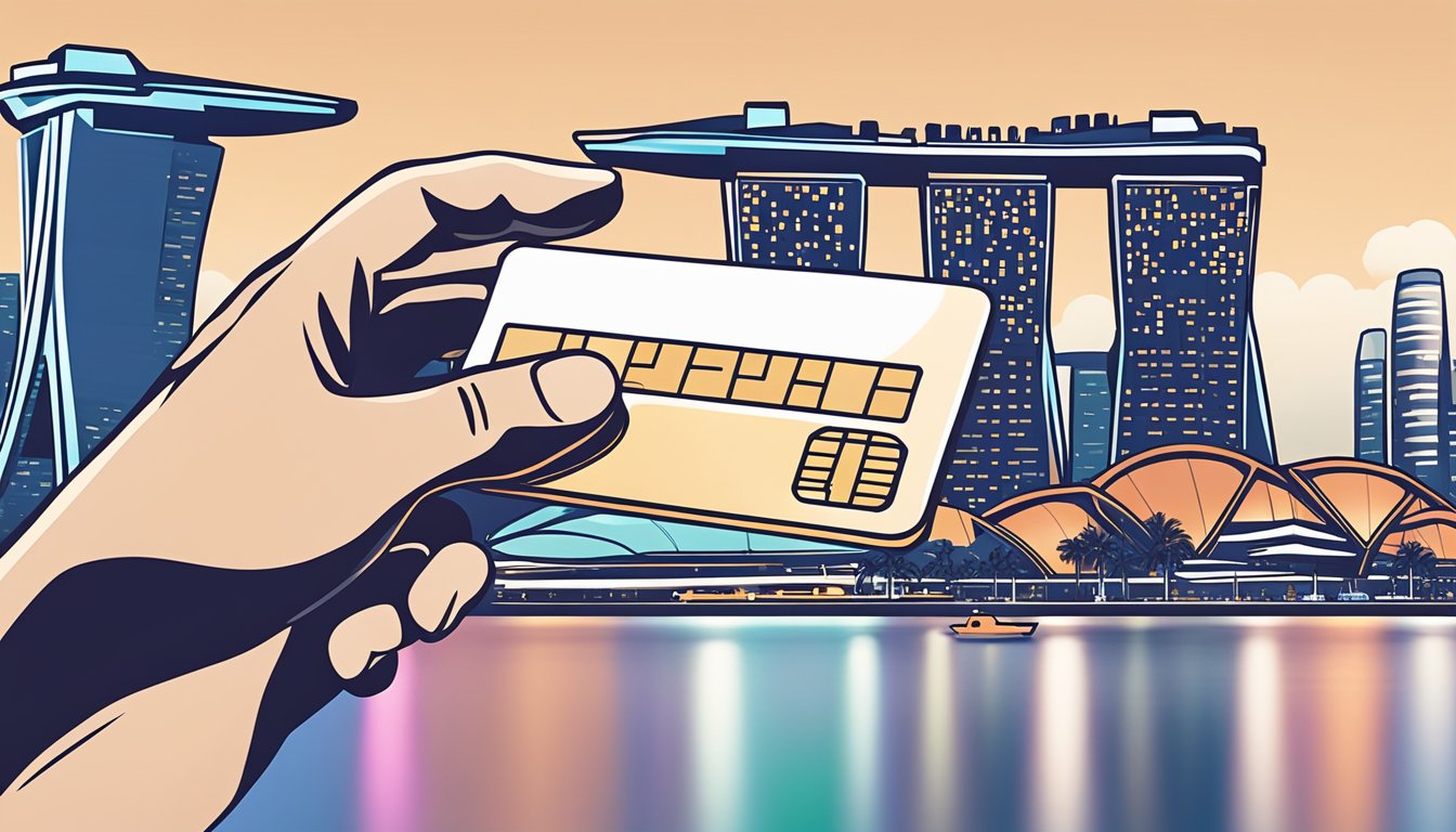 A hand holding a dbs platinum credit card against a backdrop of iconic Singapore landmarks, such as the Marina Bay Sands and the Singapore skyline