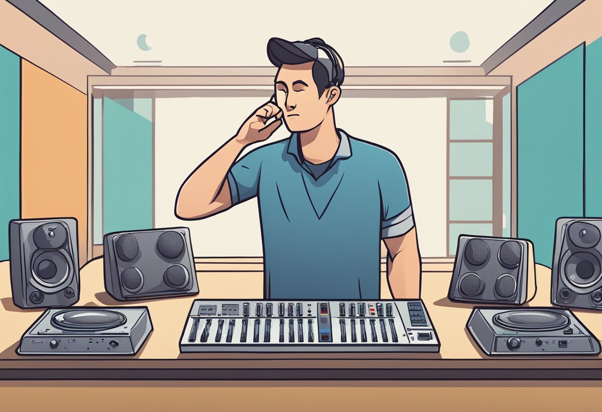 The character is frustrated, surrounded by audio equipment. A speech bubble shows "no sound" with a crossed-out speaker icon