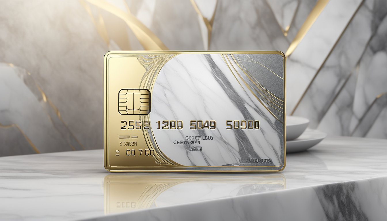 A gleaming platinum credit card sits on a luxurious marble countertop, surrounded by elegant gold and silver accents. The card's sleek design and intricate details exude sophistication and exclusivity