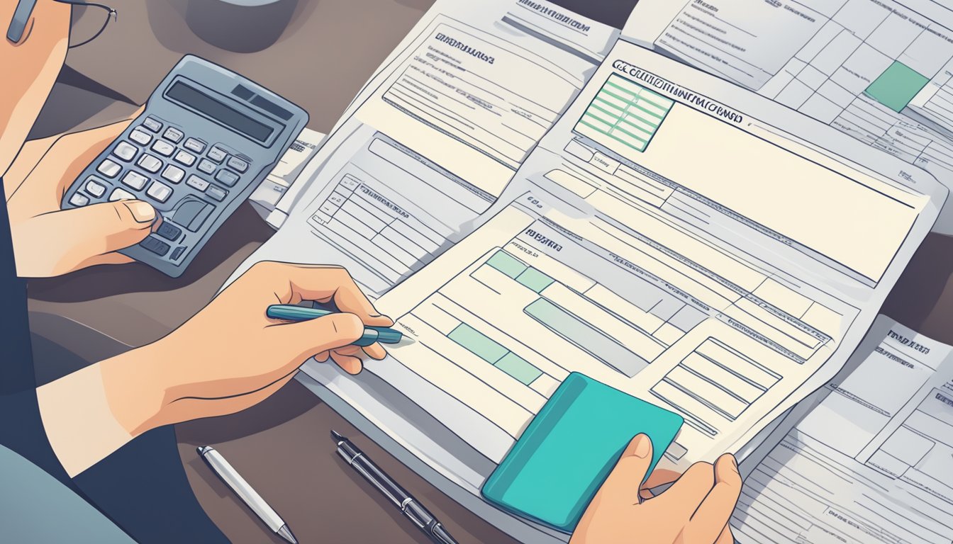 A person fills out a credit card application form with required documents and eligibility criteria displayed in the background