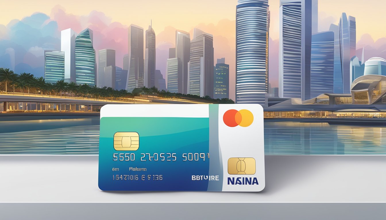 A stack of FAQ cards beside a platinum credit card, with the Singapore skyline in the background