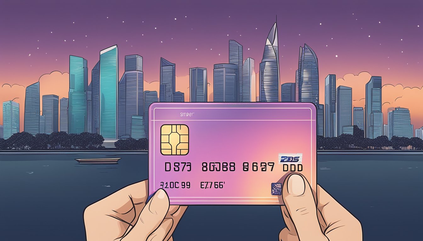 A hand holding a sleek, metallic DBS platinum debit card against a backdrop of Singapore's iconic skyline at dusk
