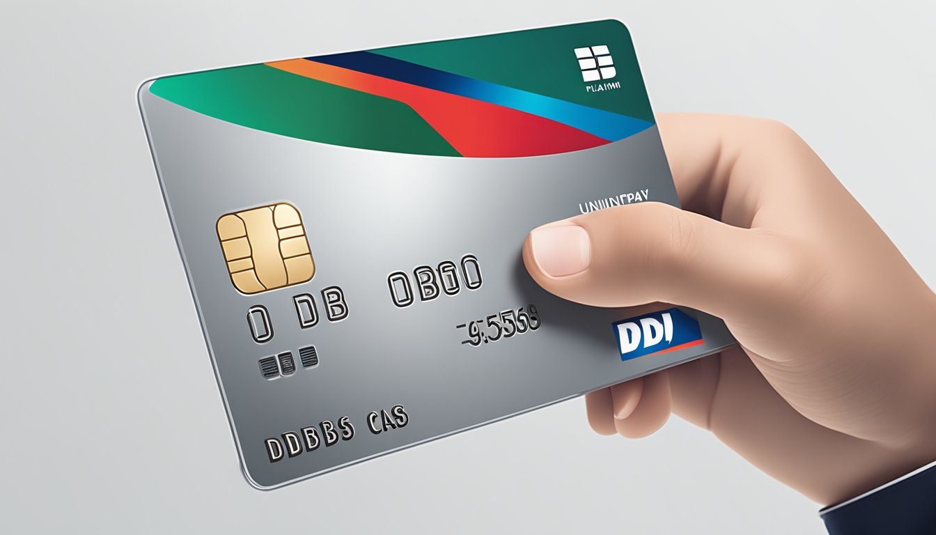 A hand holding a DBS UnionPay Platinum Debit Card with a modern and sleek design, featuring the UnionPay logo and the DBS branding