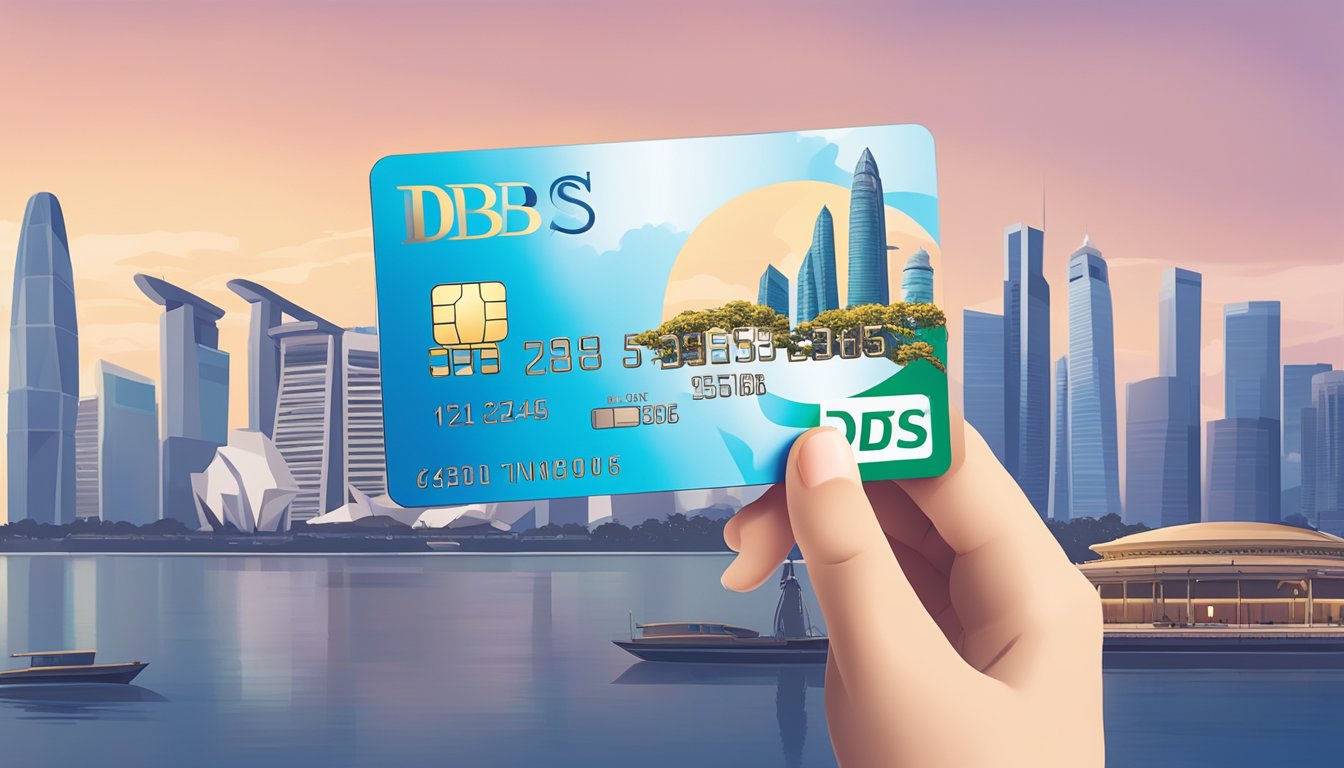 A hand holding a shiny platinum debit card with the DBS logo, against a backdrop of iconic Singapore landmarks