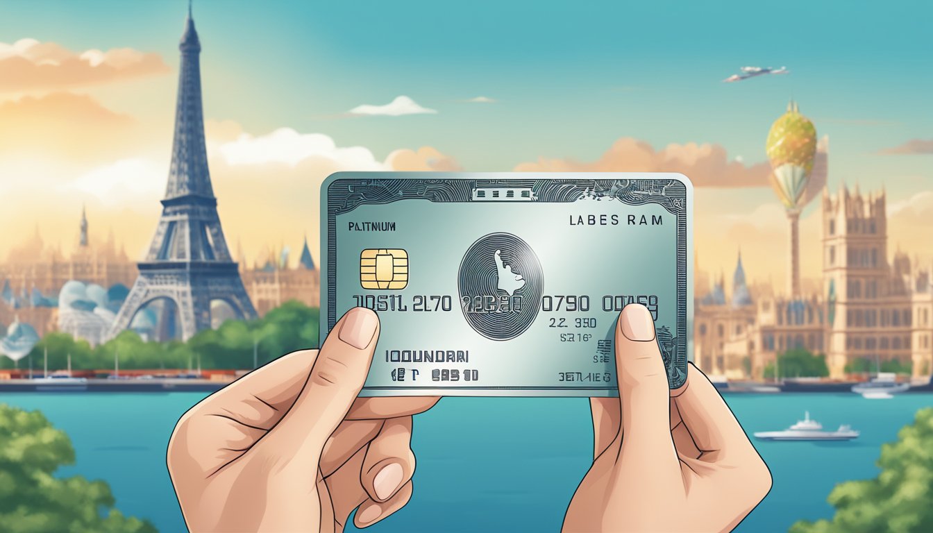 A hand holding a DBS Platinum Debit Card against a backdrop of famous international landmarks, indicating its usability overseas