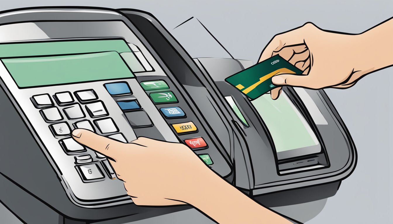 A hand swipes a DBS credit card through a payment terminal, converting points to miles. The DBS logo is prominently displayed
