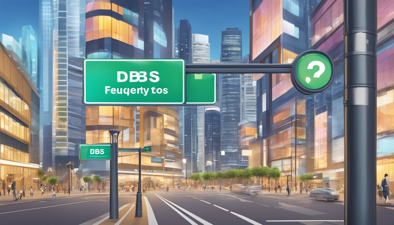 A signpost with "Frequently Asked Questions" pointing towards "DBS Point to Miles Singapore" in a bustling city street