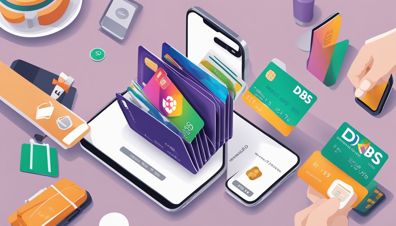 A hand holding a DBS credit card with a smartphone displaying the DBS Points app, surrounded by various items that can be redeemed using the points