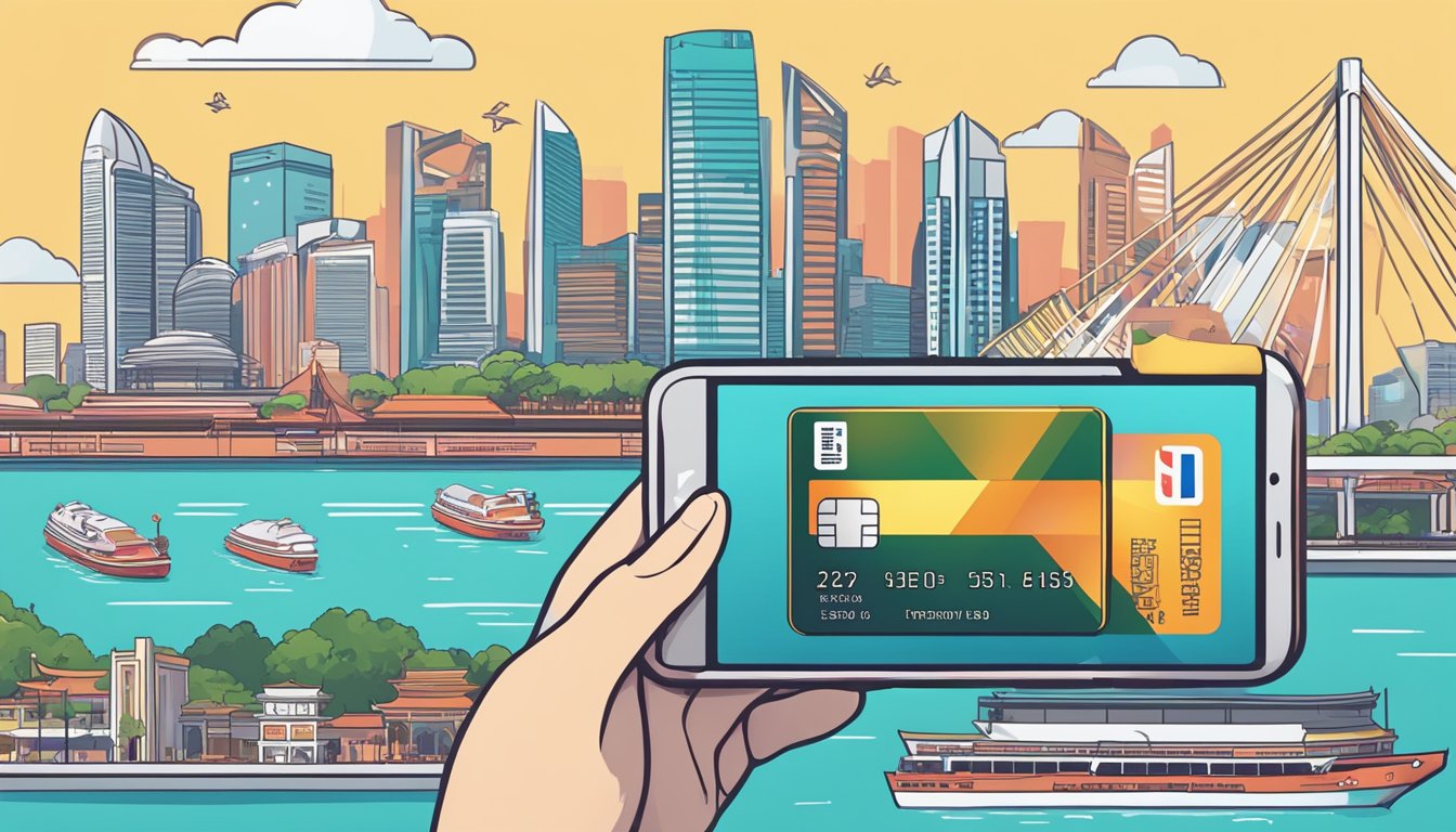 A hand holding a DBS credit card, selecting items for redemption on a smartphone app, with iconic Singapore landmarks in the background