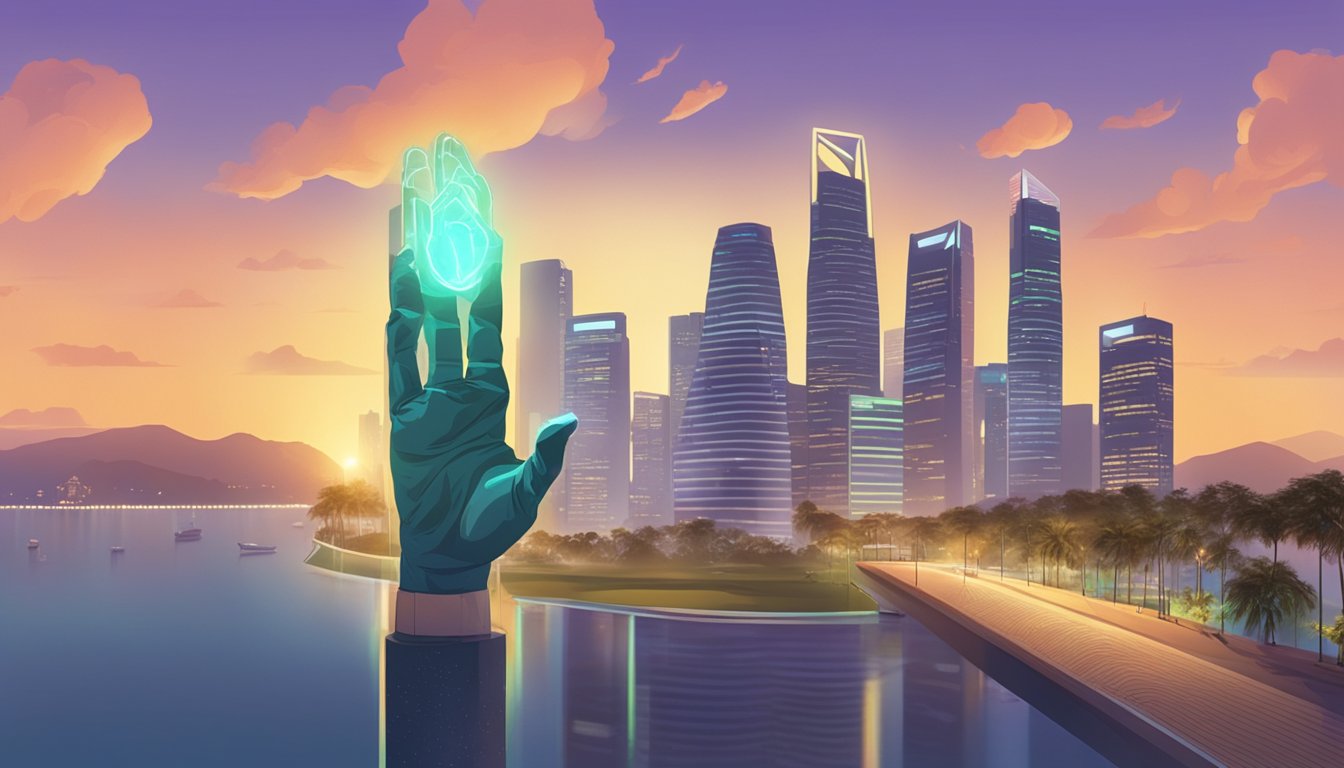 A hand reaching for a glowing "Redemption Options" sign, with a backdrop of the Singapore skyline