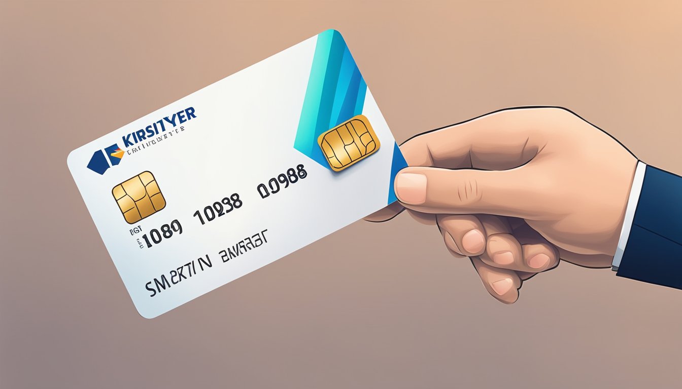 A hand holding a DBS credit card, with a glowing arrow pointing towards a stack of KrisFlyer miles in Singapore