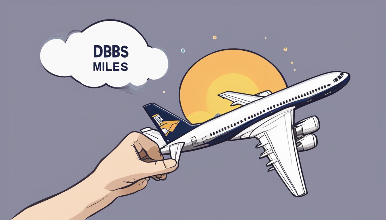 A hand holding a DBS credit card, with a thought bubble showing a plane flying and the words "KrisFlyer Miles" written above it